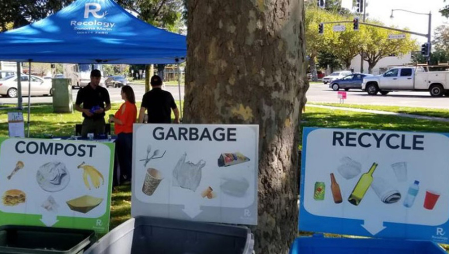 Picture of compost, garbage, and recycle cans