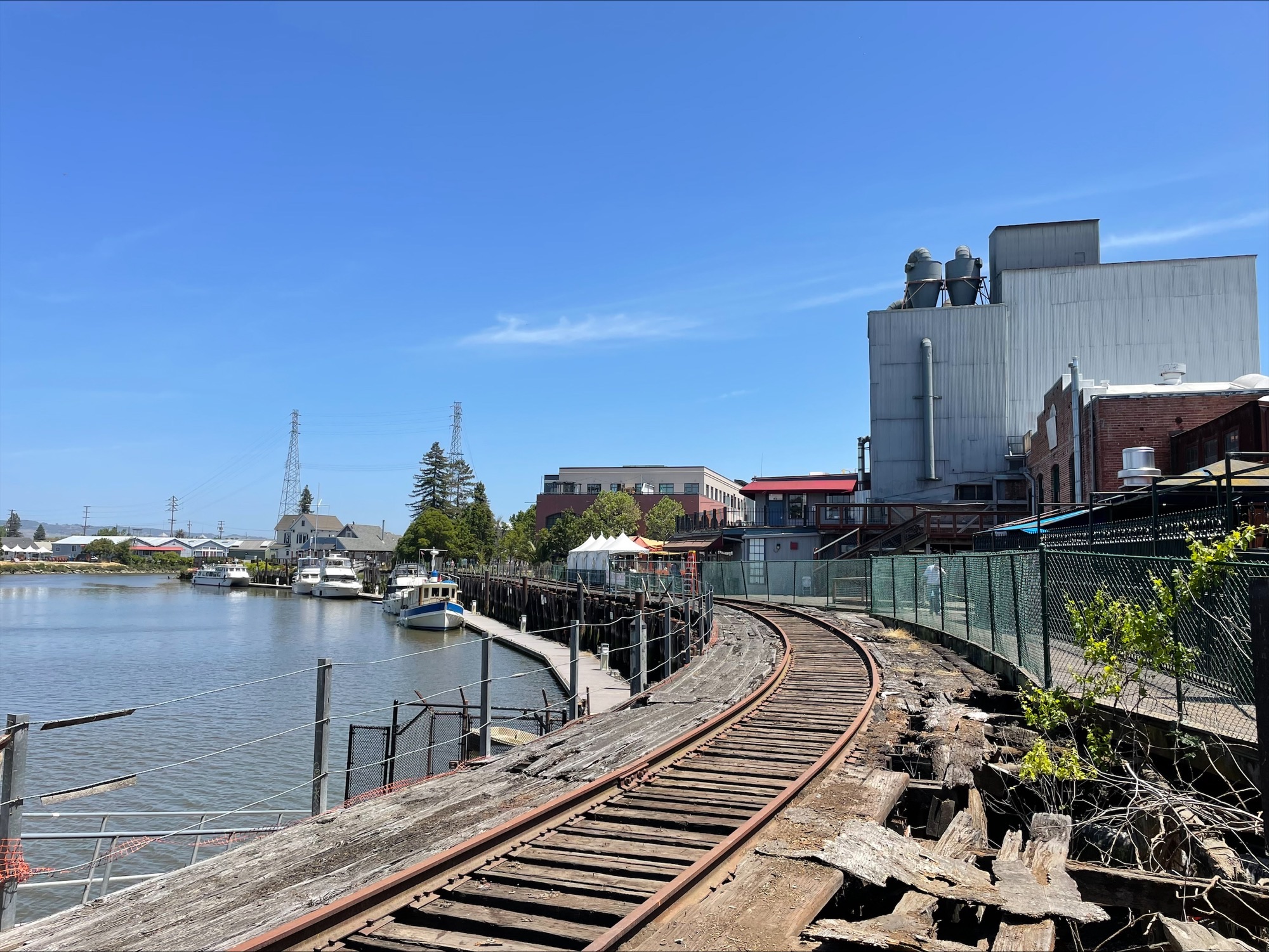 Petaluma's historic trestle, a railroad track in disrepair lining the Petaluma River.