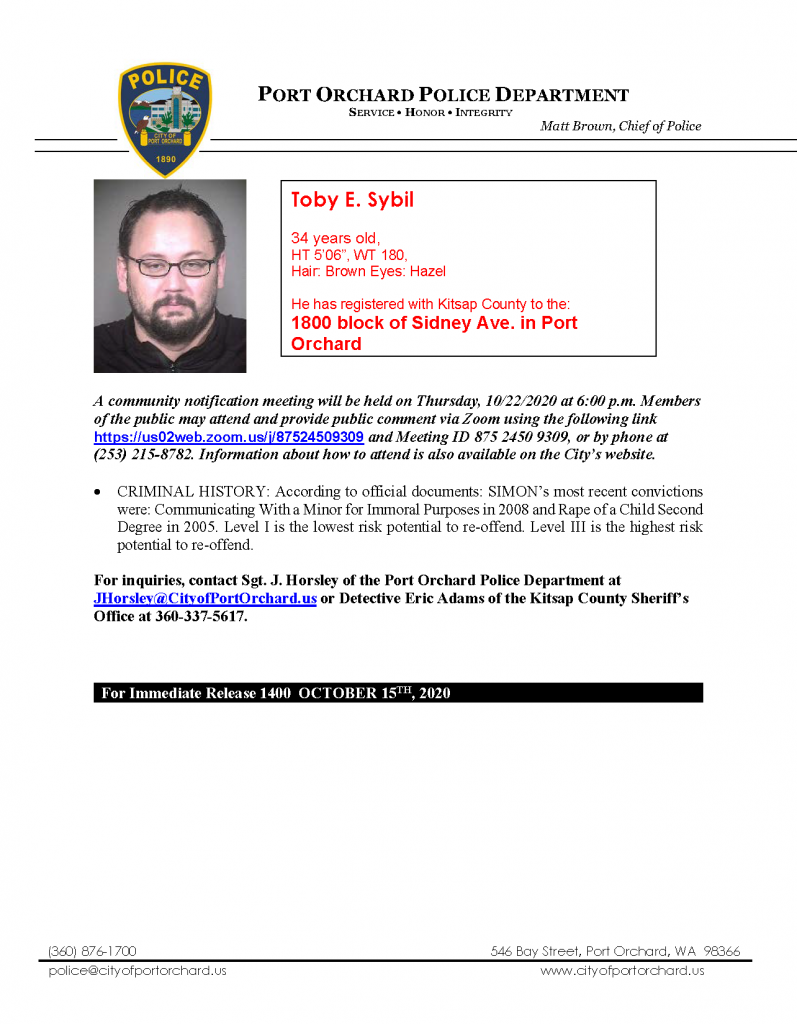 Public Notification - Level III Sex Offender - Port Orchard