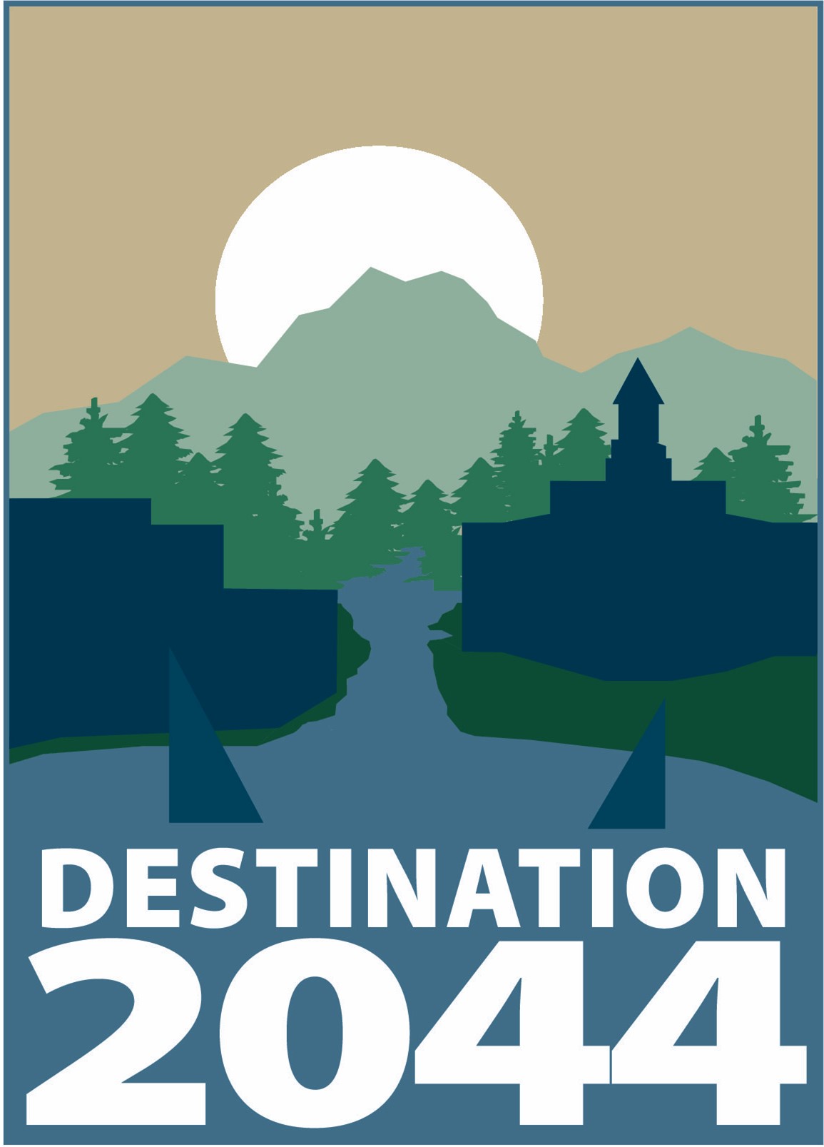 Destination 2044 logo featuring illustration of sun behind mountains with river and evergreen trees in foreground