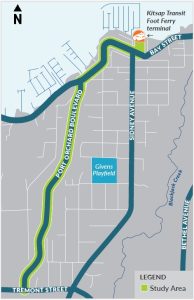 A map highlighting a connection between Kitsap Foot Ferry Terminal along Port Orchard Boulevard from Bay Street to Tremont Street.