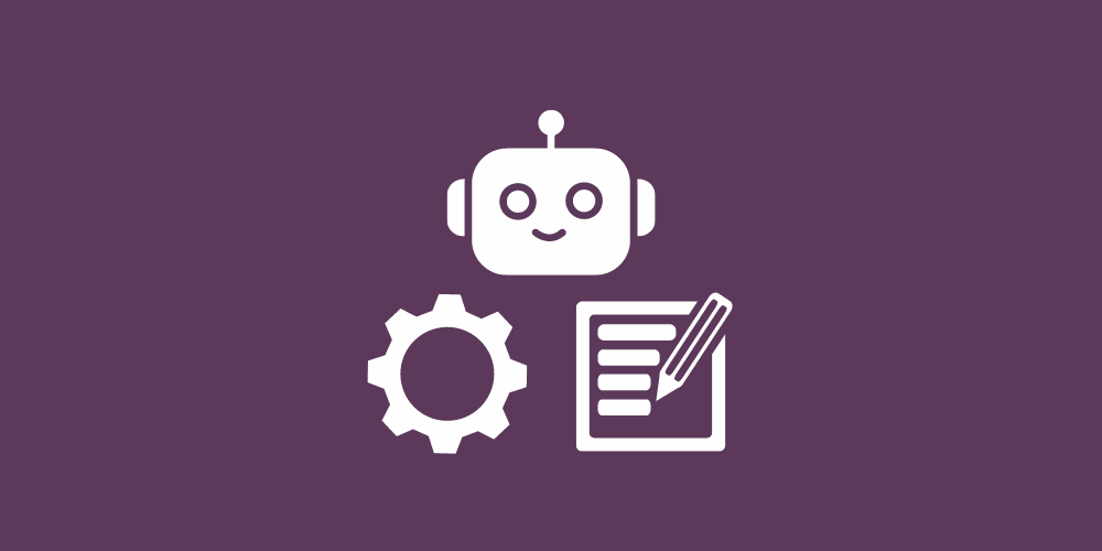 icons for a robot, a gear, and a pencil writing