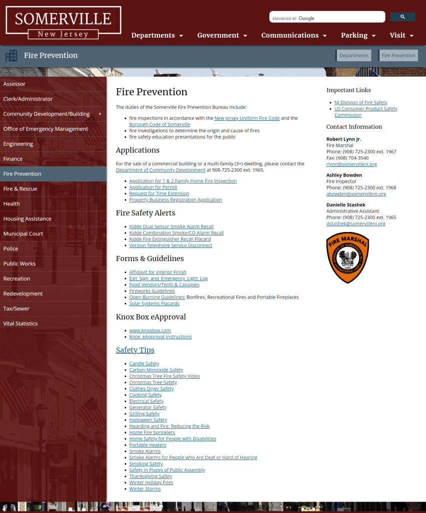 Screenshot of Somerville's Fire Prevention department page on their old website