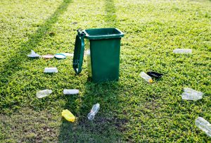 plastic bottles on the grass surrounding a green recycling bin