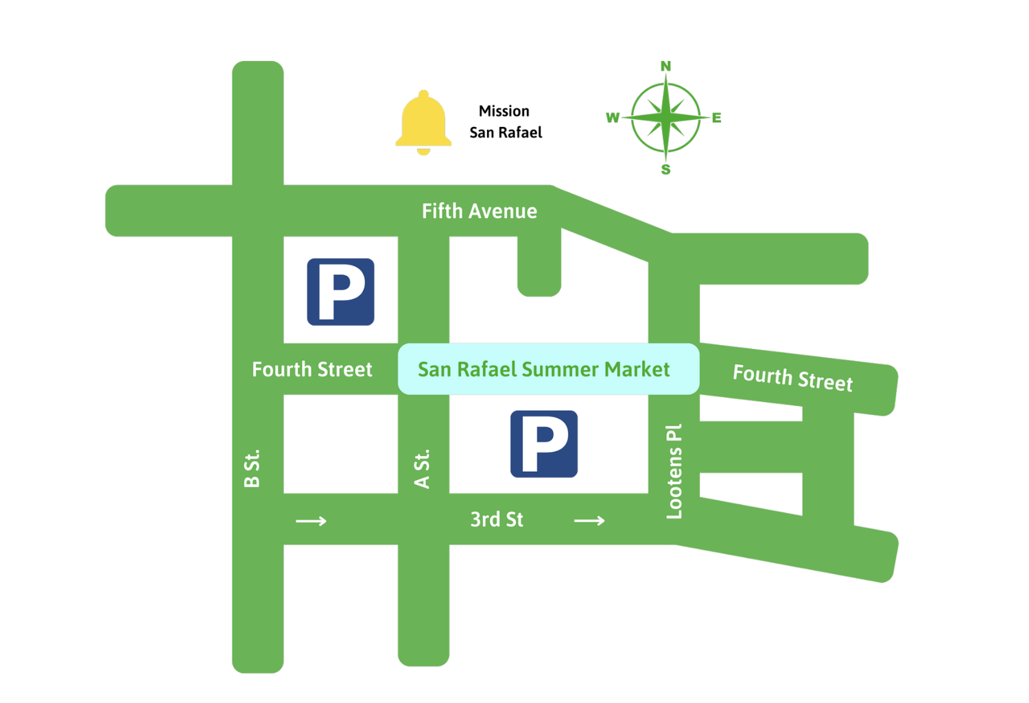 General Parking image of the location of the farmers market on Fourth St between A St and Lootens Pl. 