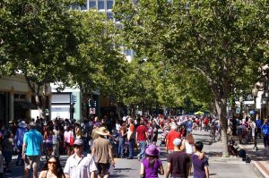 A busy scene in downtown Palo Alto.