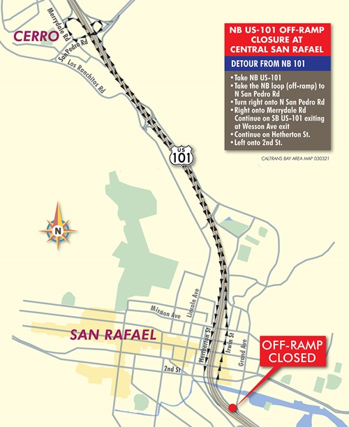 Central San Rafael Detour Map for Caltrans 101 NB Bridge Replacement project