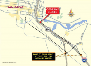 Detour map for first closure - Caltrans 101 NB Central San Rafael Off-Ramp Bridge Replacement project