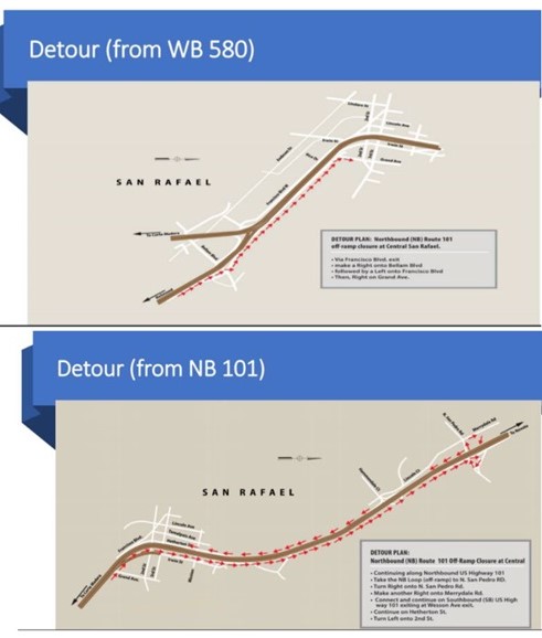 Central-San-Rafael-Harbor-Bridge-map detours WB 580 and NB 101