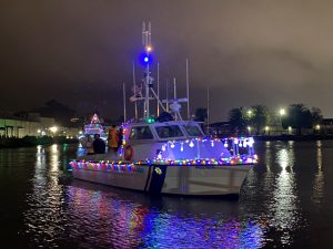 San Rafael Police Department boat carries the San Rafael City Council in 2021 Lighted Boat Parade