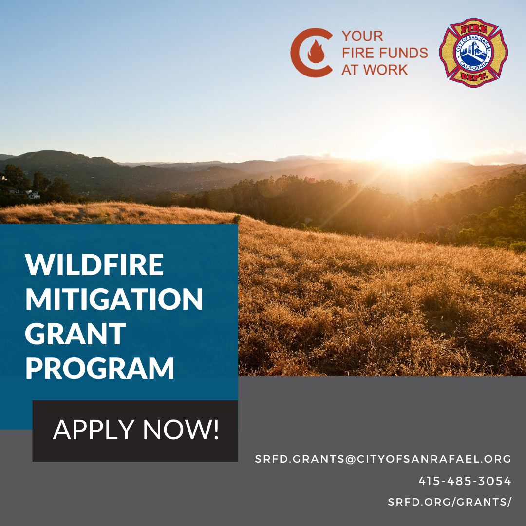 Wildfire mitigation grant program with landscaped photo with contact information.