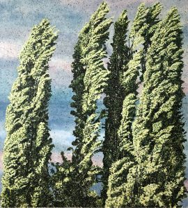 FOURTH PEOPLES CHOICE! Corrine Haverinen - Riverfront Poplars in Gathering Wind - Acrylic Ink - 40"x36" - $3,000.00