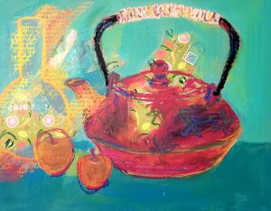 Zhanna Urodovskikh - Red Teapot - Acrylic and oil pastel on cardboard - 16"x20" - $300.00