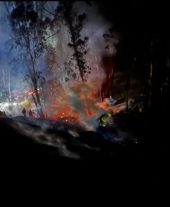 firefighters work to put out a night fire