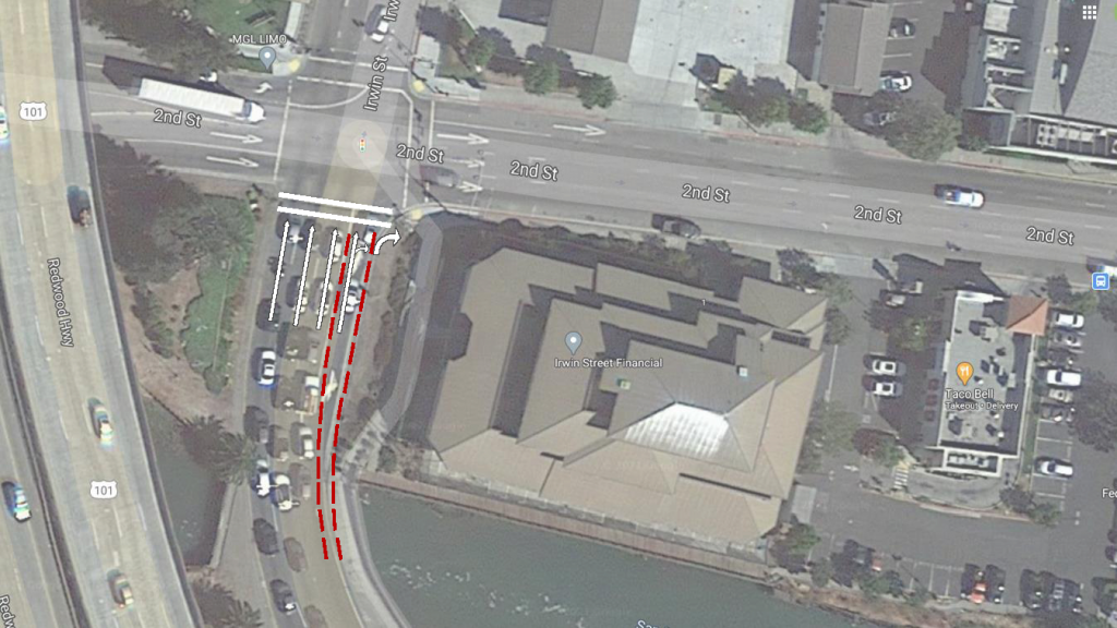 map of central san rafael offramp aerial view, highlighting the closed lane