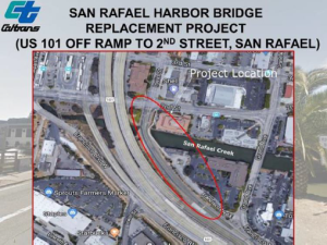 aerial image of Central San Rafael exit, circling the off ramp that will be closed each night