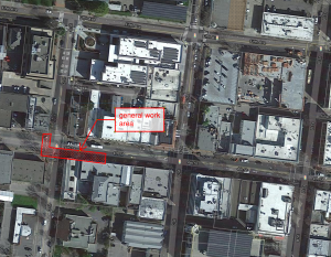 aerial view of 4th and D St work area highlighted in red