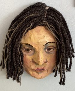 Mittie Cuetara “Trophy Wife” Cardboard, Paper Mache, Acrylic Paint, Yarn $400