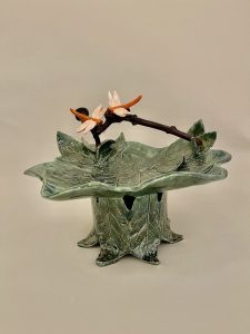 Susan Hontalas "Dragonfly Birdbath" Ceramic, Wood, Clay & Wire $500