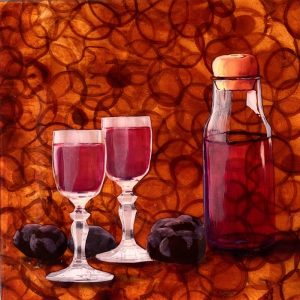 Karen Mason "Plum Wine is Fine" Plum, Ink, Acrylic, Resin on Cradled Board $500