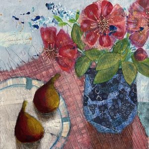 Lois Reynolds Mead "Blue Vase and Two Figs" Acrylic, Paper, Inktense Pencil Collage $300