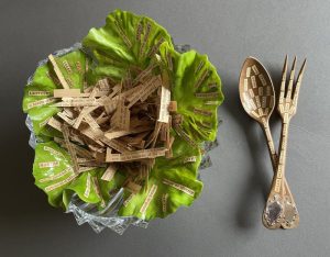 Carolyn Tillie "Word Salad" China Placesetting and Cutlery with Vintage Cookbook Words $550