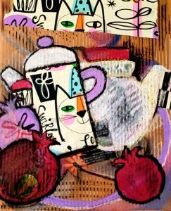 Zhanna Urodovskikh "Early Breakfast in July" Acrylic, charcoal, oil pastel, collage on cardboard $350