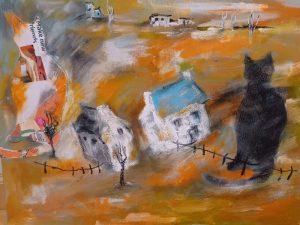 Zhanna Urodovskikh "Shaky Memories" Acrylic, oil pastel and collage on canvas. $450