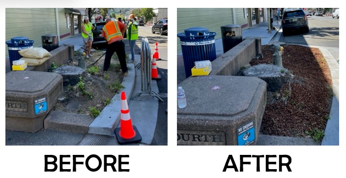 A left-hand image with caption "Before" depicts workers in safety gear weeding and mulching a curb strip. A right-hand image with the caption "After" depicts the curb strip neatly mulched.