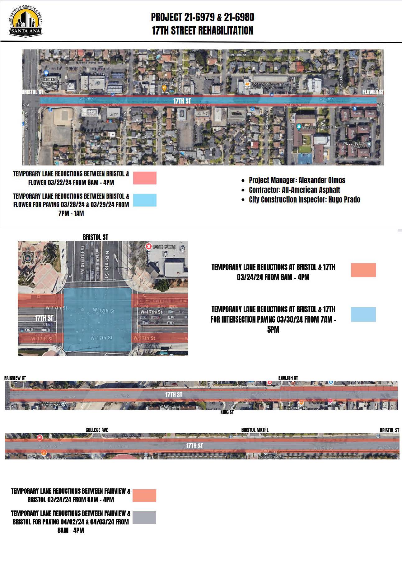 map of lane reductions on 17th Street between Fairview St. and Flower St.