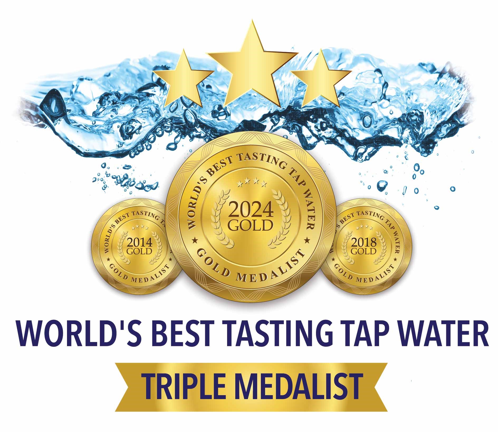 An logo of three gold medals under a water illustration with three gold stars and the words "world's best tasting tap water" and "triple medalist"