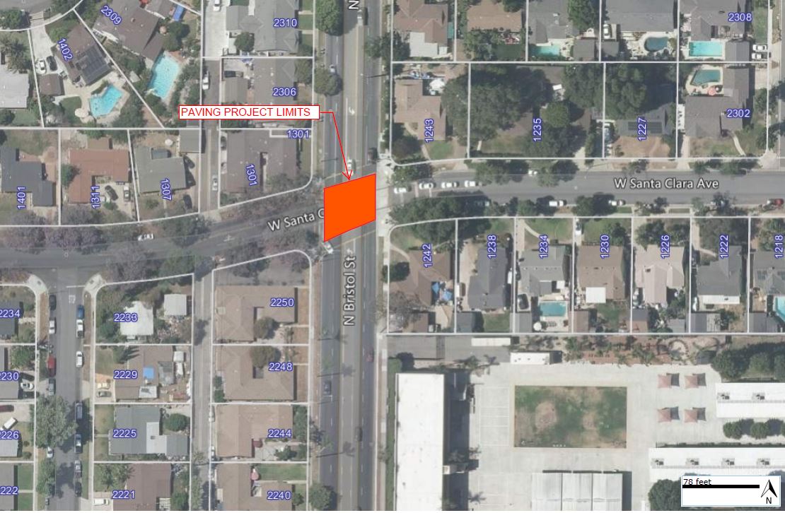 map of lane reductions at Bristol St. and Santa Clara intersection