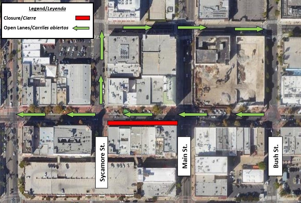 Road map of Santa Ana showing eastbound 4th Street closure between Sycamore Street and Main Street.