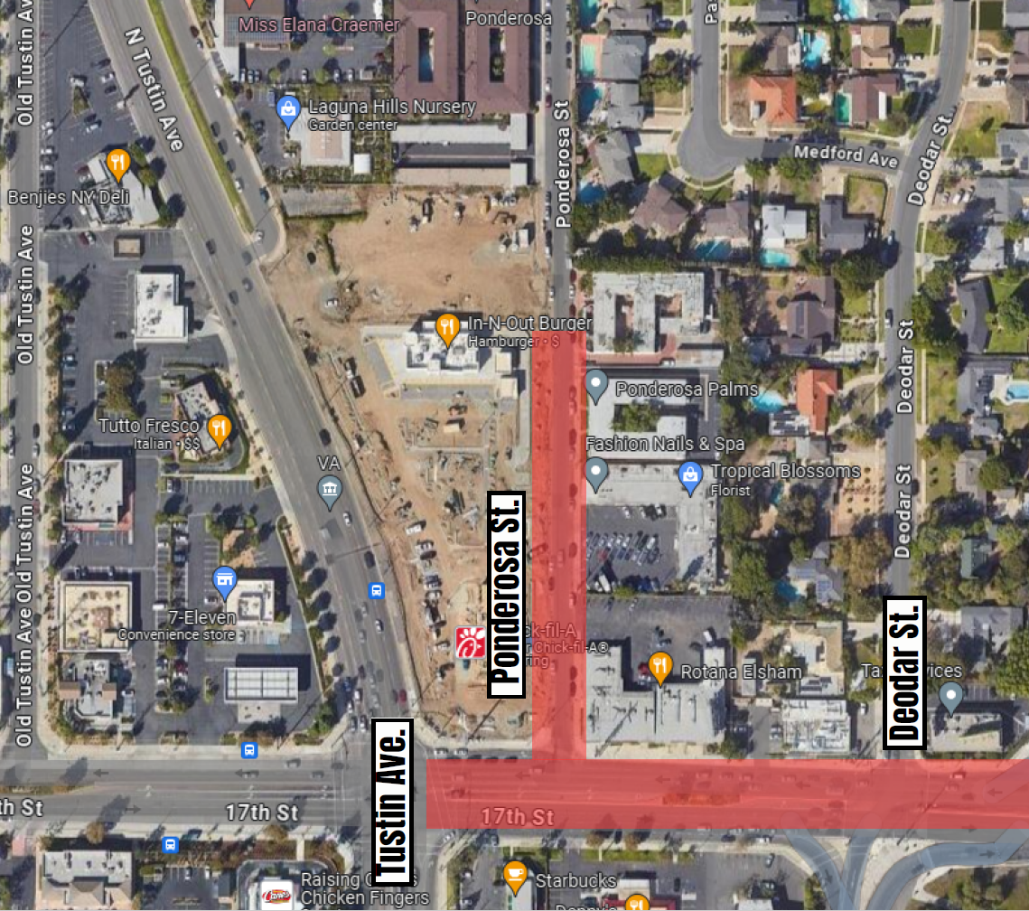 map of lane reductions on 17th St. and Ponderosa St.