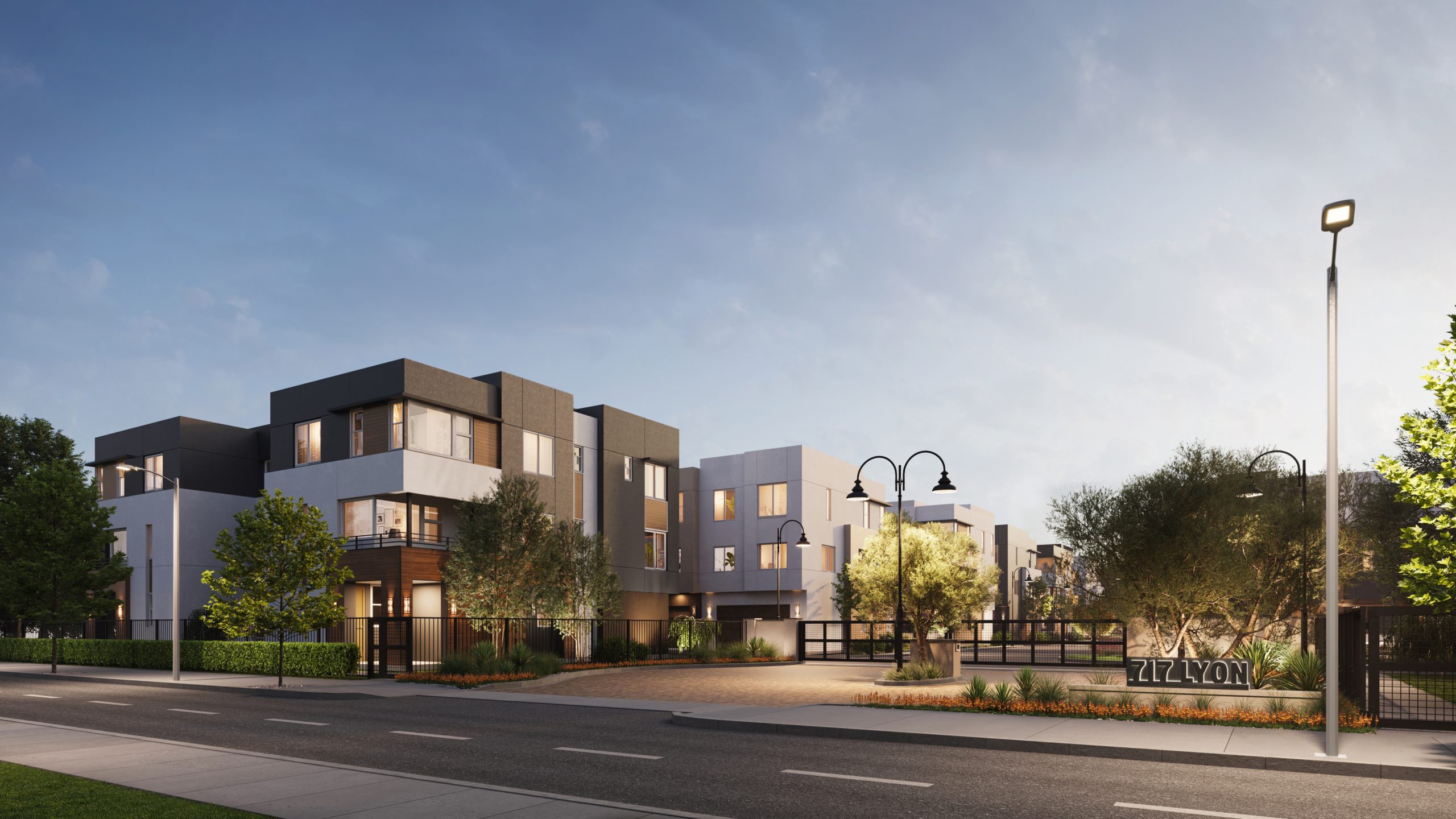 A rendering of a townhouse development.