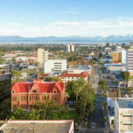 aerial view of downtown with historic orange county courthouse at front