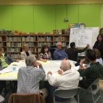 Resident attending meeting with whiteboard being written on by staff