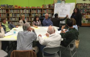 residents attend meeting with staff writing on board