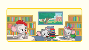 cartoon mouse librarian, mouse kids in library