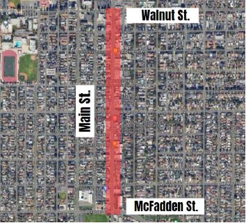 map of lane reductions on Main St,