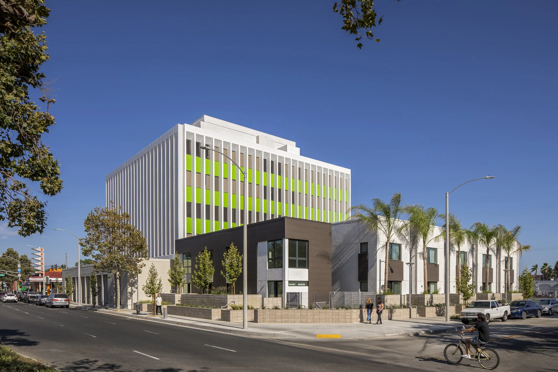 A five-story office building converted to residential housing.