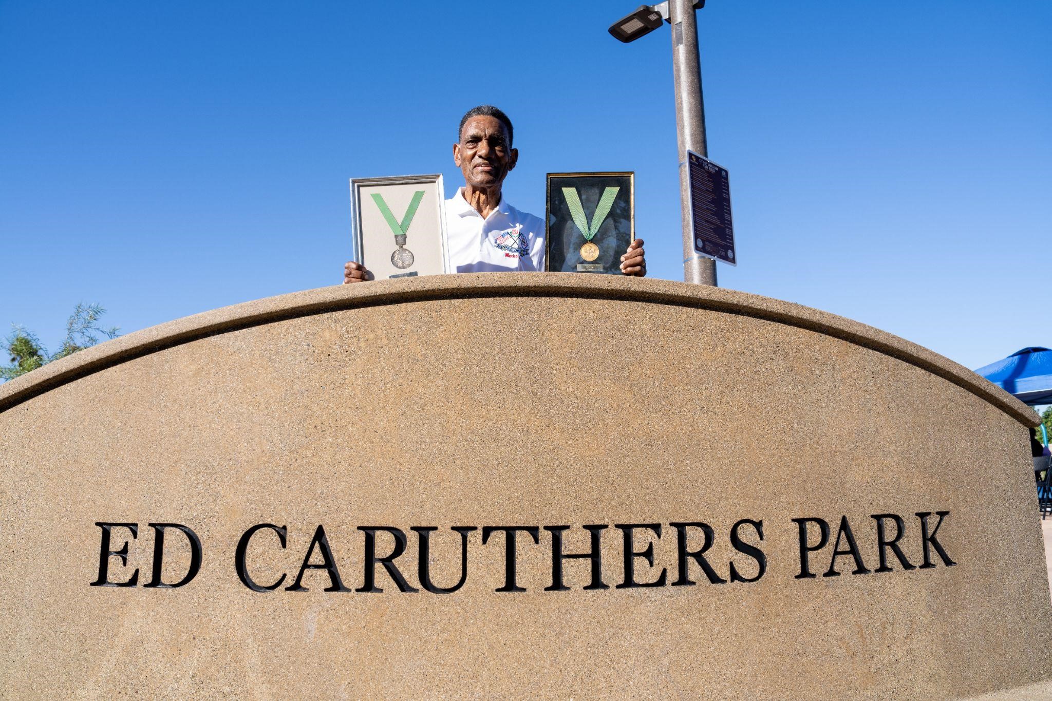 Ed Caruthers at Park Monument Sign