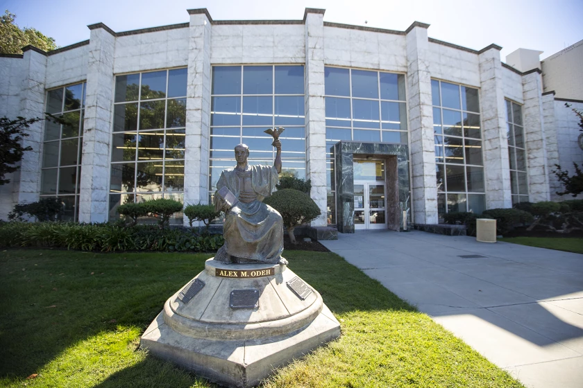 Front of Main Library in Santa Ana Displaying Alex M. Odeh Statue