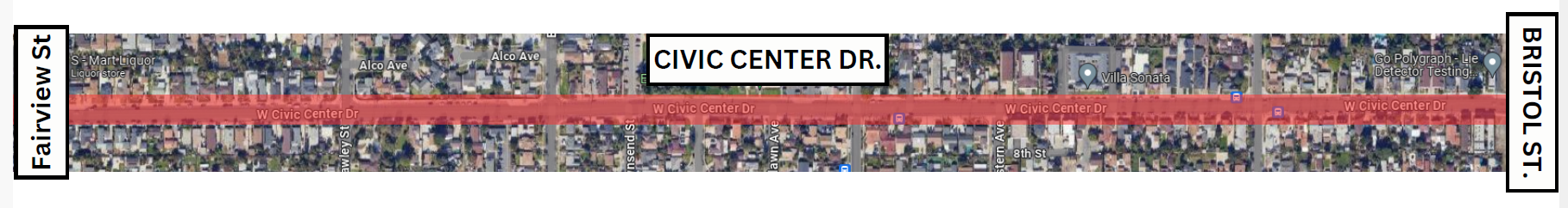 map of lane reductions on Civic Center Dr. between Fairview St. and Bristol St.