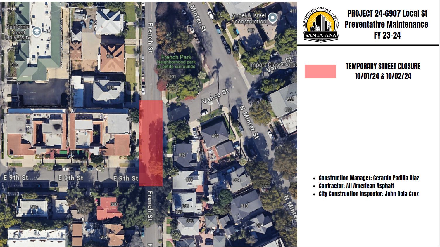 picture of Full Street Closure on French St. between 9th St. and Vance St., Oct. 1 & Oct. 2, 2024