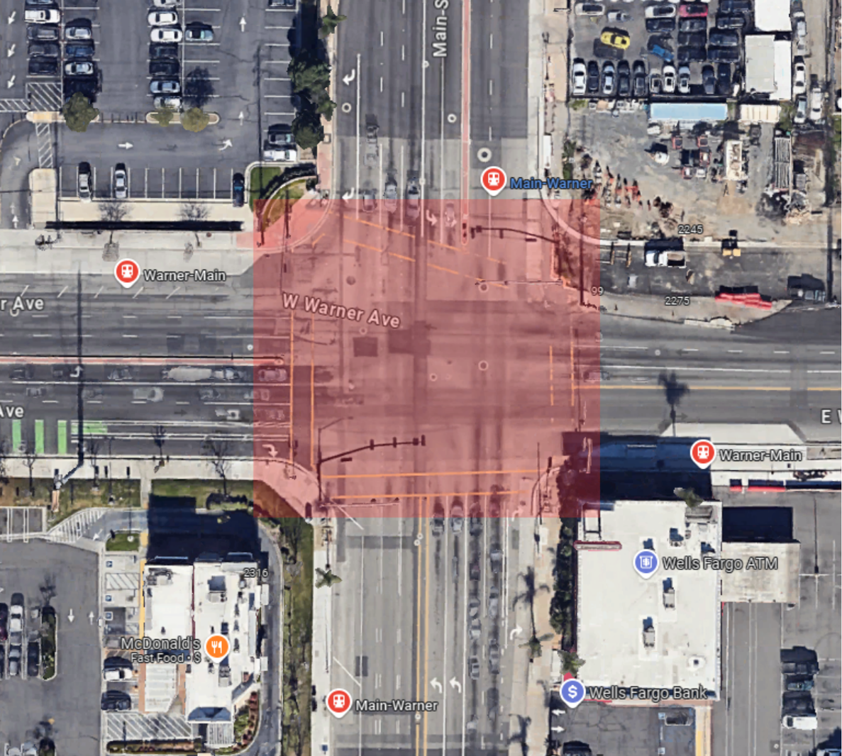 map of intersection of Main St. and Warner Ave.