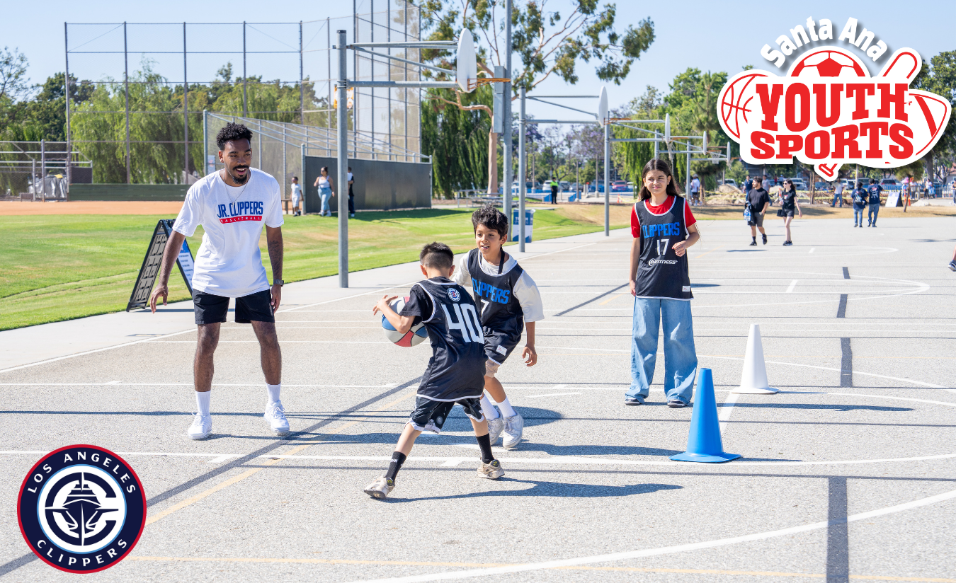 Santa Ana youth sports basketball program featuring a Jr. Clippers clinic. Image also features the Santa Ana Youth Sports title image and the Los Angeles Clippers logo.