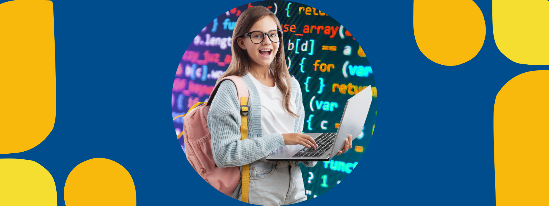 teen on laptop with coding background
