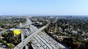 Aerial photograph of the 5 Freeway, looking south towards the discovery cube