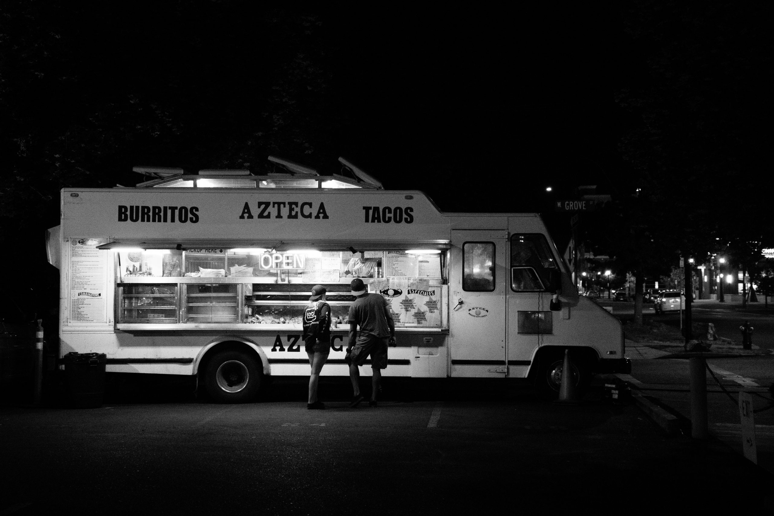 A black and white photo of a Food Truck